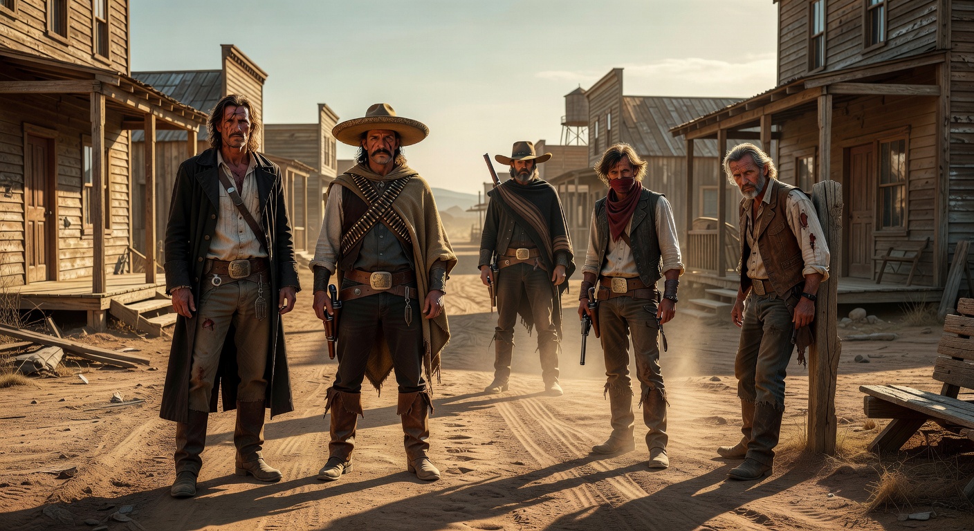 Group of outlaws in a wild west setting